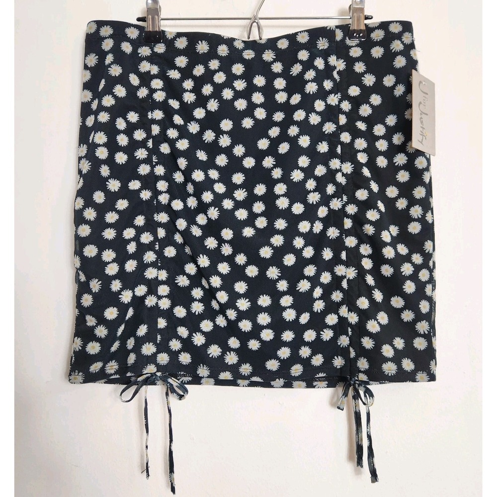 J For Justify Womens XL Black Daisy Floral Mini Skirt Side Tie Y2K Cottagecore
